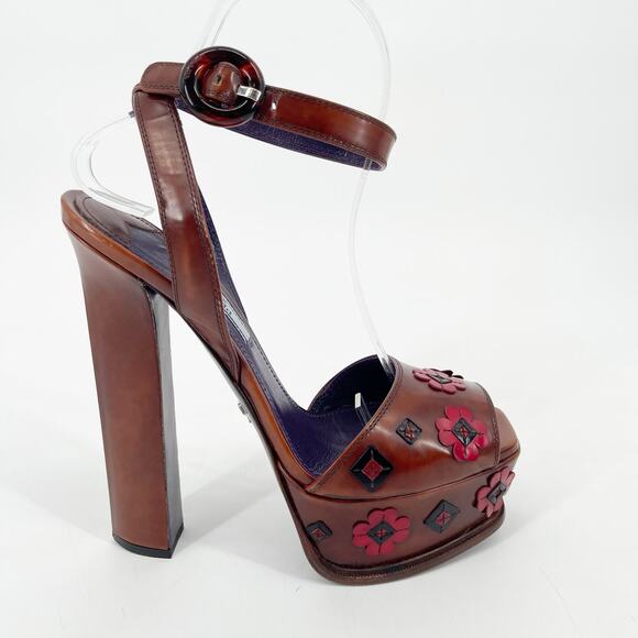 Prada Tobacco Brown Leather Floral Platform Ankle Strap High Heel Sandals IT 38 - Picture 3 of 14